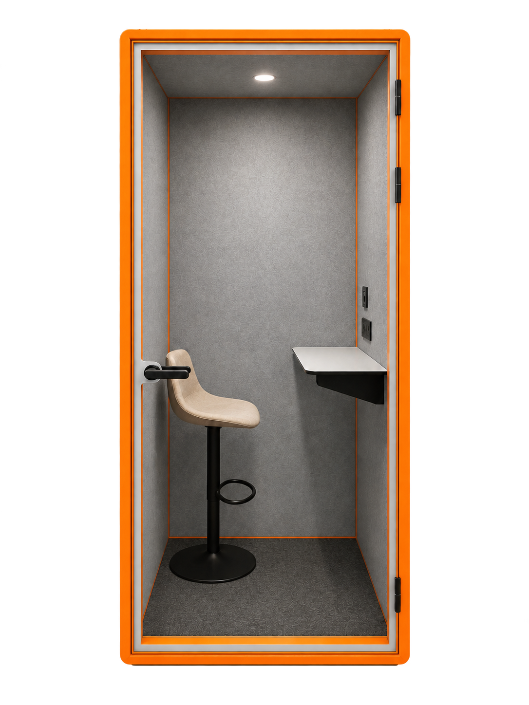 Orange Xypods private acoustic pod with a glass door